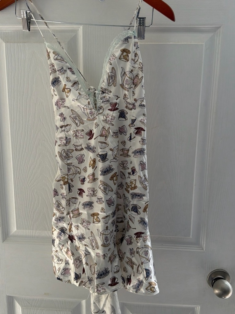 Urban Outfitters Cream Tea-Print Satin Chemise with Lace Trim